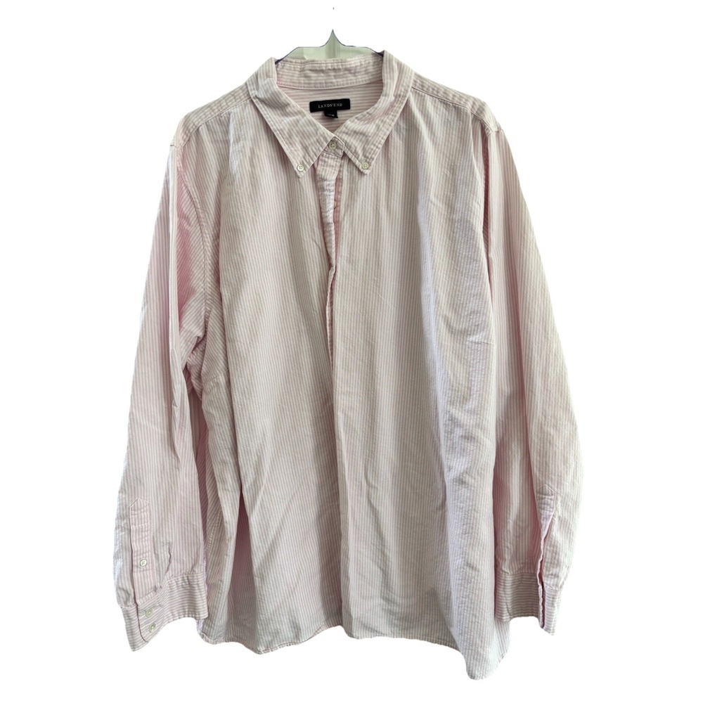 Lands' End Women's 26W Button-Up Top Pastel Pink Oxford Stripe Spring Cotton